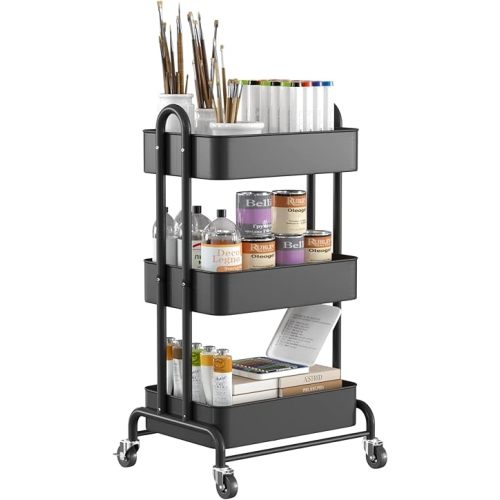 Ceayell 3-Tier Metal Rolling Storage Cart Heavy Duty Utility Cart Organizer with Lockable Wheels Black