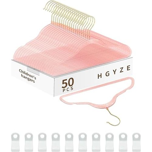 HGYZE Kids Hangers for Baby Clothes Closet, 50pcs Slim Toddler Hangers with 10 Connector Hooks for Infant Dresses, Perchas de Plástico for Girl Nursery (Pink Sparkling Hangar with Gold Glitter)