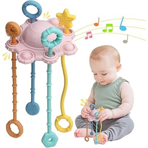 Montesorri-Toys - Pull String Toys for Baby - Made of 100% Food Grade Silicone with Built-in Rattle Function and Easy to Clean Design (Pink)