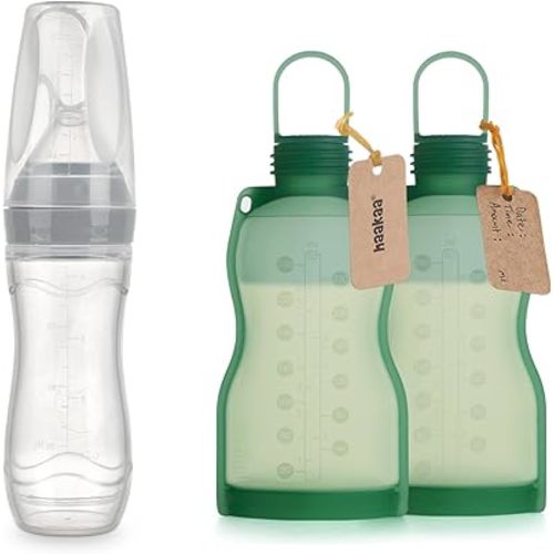 haakaa Silicone Baby Food Dispensing Spoon Feeder 4oz&Breast Milk Storage Bag 9 oz Set-Infant Squeeze Cereal Feeder|No Leak Reusable Freezer Milk Collector Bag