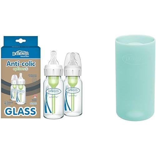 Dr. Brown's Anti-Colic Options+ Narrow Glass Baby Bottles, Level 1 Slow Flow Nipples, Protective Silicone Sleeves, 4 oz 2 Pack and 8 oz Mint