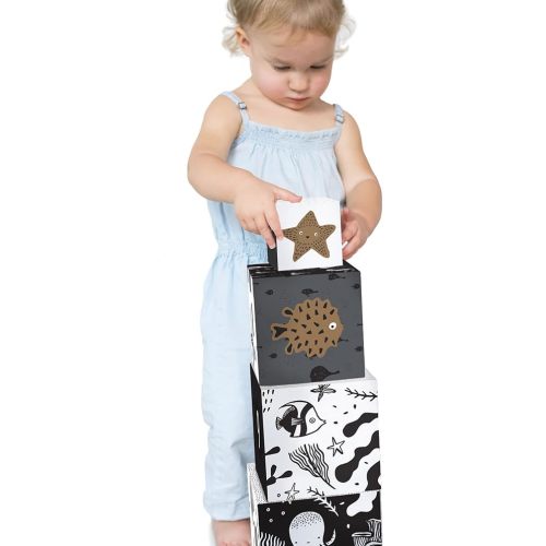 Wee Gallery Nesting Blocks - Ocean Animals and Numbers - Black and White Stacking and Building Toy for Toddlers and Kids - Motor Skills, Creative Play and Problem Solving for Children (Ages 2 and up)