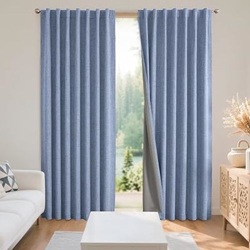 Joydeco Black Blackout Curtains for Bedroom - Linen Curtains96 inch, 100% Thermal Insulated 2 Panels Light Blocking Drapes, Rod Pocket & Back Tabs, Darkening Privacy for Living Room