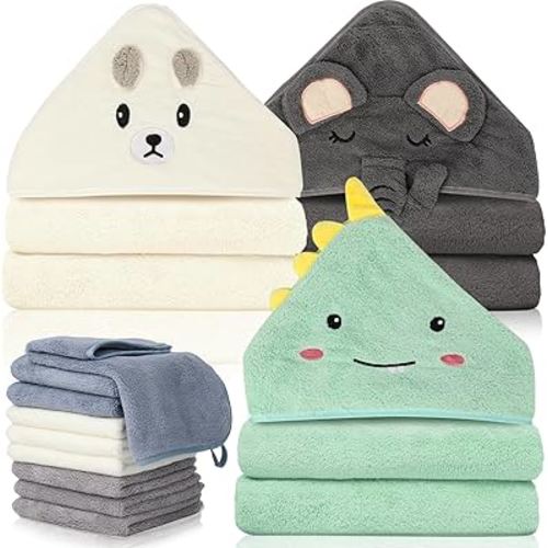 31x31 Inch Baby Hooded Towels, 12Pcs Bath Towels for Boys, Washcloth Set with Cute Design, Shower Towel Gift for Newborns, Infants and Toddlers