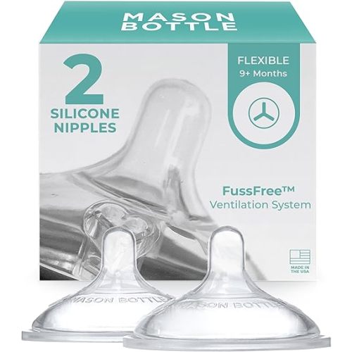 Mason Bottle Silicone Nipples: Flexible Flow for 6+ Months Transitional Flow, Wide Natural-Shaped, Make a BPA-Free Glass Baby Bottle Using Any Regular-Mouth Mason Jar, 100% Made in The USA (2 Pack)