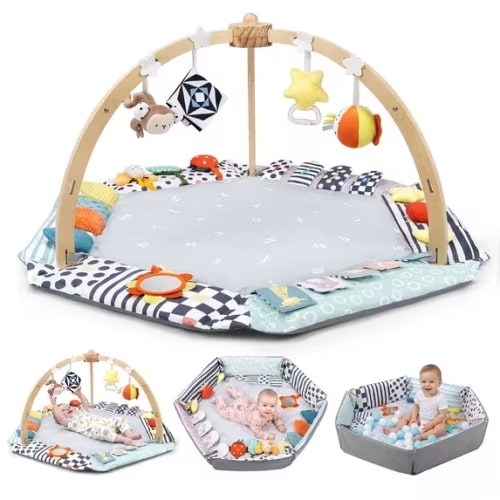 PRVAETU Baby Play Mat with Foldable Raised Edges, 6-in-1 Activity Center & Wooden Gym,Convertible Ball Pit, Sensory Playmat for Newborn 6-18 Months