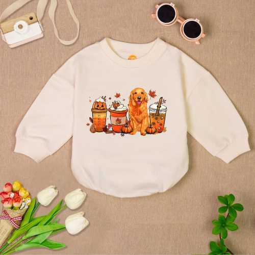 Golden Retriever Fall Baby Romper Sweatshirt, Halloween Golden Retriever Romper, Cute Dog Baby Bodysuit, Newborn Outfit