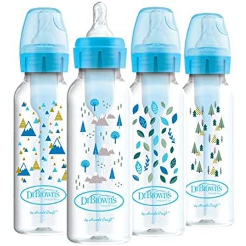 Dr. Brown’s Anti-Colic Options+ Narrow Baby Bottles, 0m+ Level 1 Nipple - Baby Bottle to Reduce Colic (4 Pack), Blue Nature Designs 8 oz