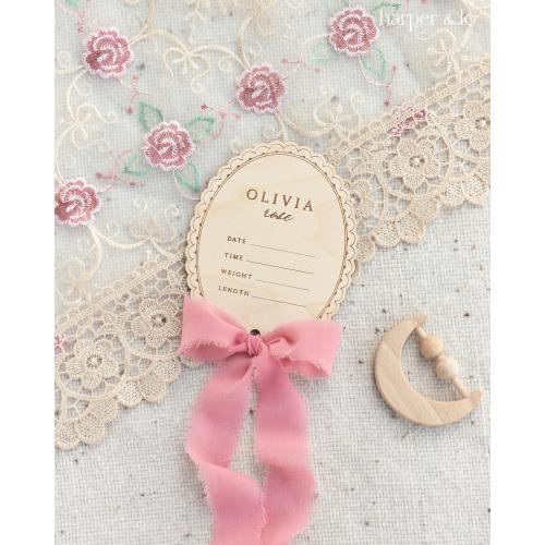 Wooden Lace Ribbon Baby Announcement Birth Stats | Personalize Custom Name, Baby Monthly Milestone Marker, Nursery, Baby Shower Gift