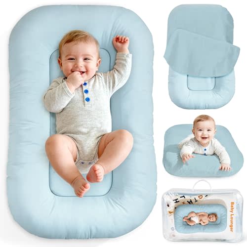 Baby Lounger & Snuggle Nest for Newborn 0-24 Months, Baby Nest Supervised Breathable Cotton for Newborn, Newborn Essentials Gifts, Breathable Portable Infant Lounnger for Travel and Home(Blue）
