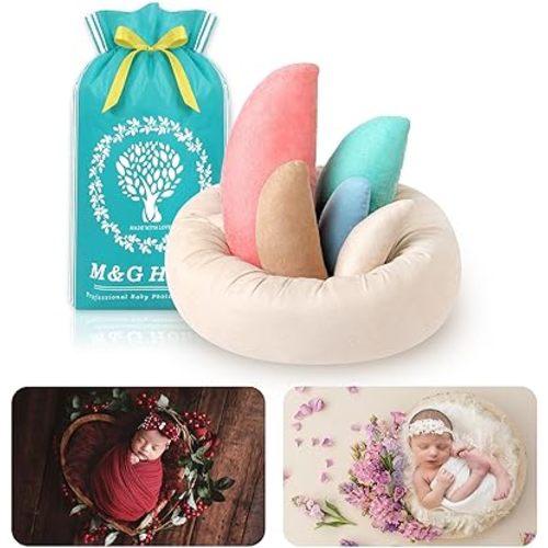 M&G House Newborn Photography Props - 6pcs Baby Photoshoot Props, Adjustable Photography Props Fits 0-6 Months Baby, Ultra-Soft Photo Donut Posing Pillow Basket - Multicolor