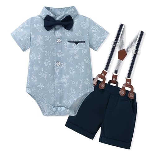 SOLOYEE Baby Boy Clothes Suits 3-24M Infant Gentleman Wedding Outfits, Short Sleeve Shirt + Bowtie + Suspender Shorts Set