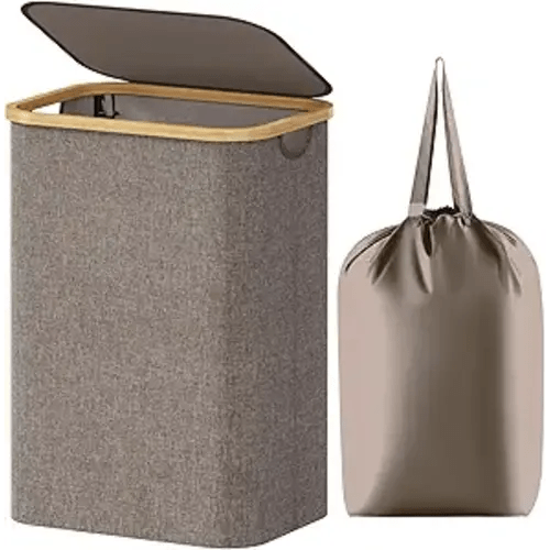Lifewit 80L Laundry Basket with Lid, Clothes Hampers for Laundry with Bamboo Handles and 1 Removable Bag, Large Foldable Laundry Hamper for Bedroom, Bathroom, Dorm, Laundry Room, Brown