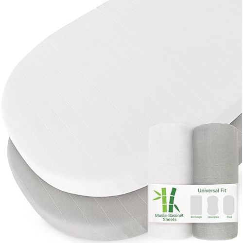 Muslin Bassinet Sheets for Boys and Girls 2 Pack, Ultra Soft Muslin Fitted Baby Bassinet Sheet for Standard Bassinet Mattress(16''×32''/17"x32"/20''x33''), Grey & White