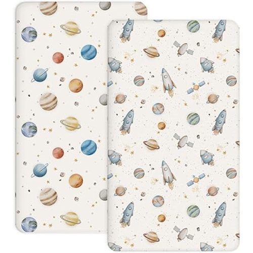 Pack and Play Sheets 2 Pack, Fitted Jersey Knit Mini Crib Sheets for Baby Boys and Girls, Compatible with Graco Pack N Play and Mini Crib Mattress (Pank N Play/Mini Crib Sheets, Stellar Adventure)