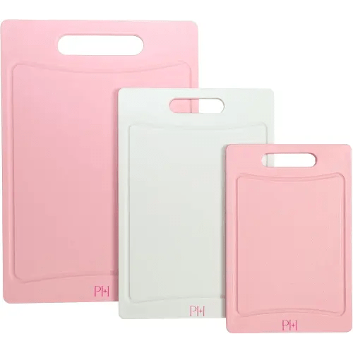 Paris Hilton Cutting Boards, Dual-Sided Cutting Board Set with Built-in Juice Grooves, Easy-Grip Handles, Heavy-Duty Plastic Made without BPA, Dishwasher Safe, 3-Piece Set, Pink and Cream