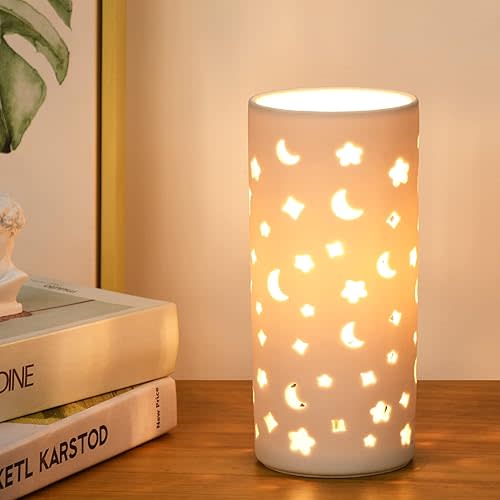 Lampwell Dana White Small Table Lamp for Living Room as Bedside Table Lamp for Bedroom,Modern Ceramic Table Lamp,Kids Table Lamp,Night Table Lamp,Φ3.54×H7.87IN,Bulb Excluded,Carving Moon