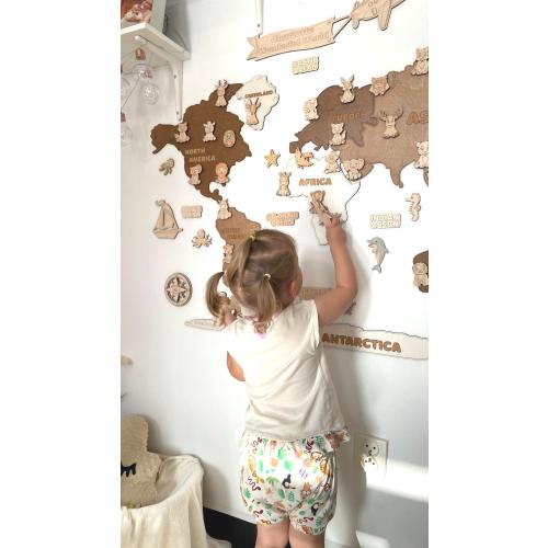 Personalized Safari Animal World Map - Wooden Playroom Decor, Preschool Geography Activity, Baby Room Wall Art, Christmas Gift for Kids