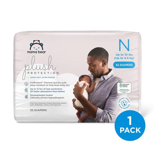Amazon Brand - Mama Bear Plush Protection Diapers - Size Newborn, 32 Count, Hypoallergenic Premium Disposable Baby Diapers, White and Cloud Dreams
