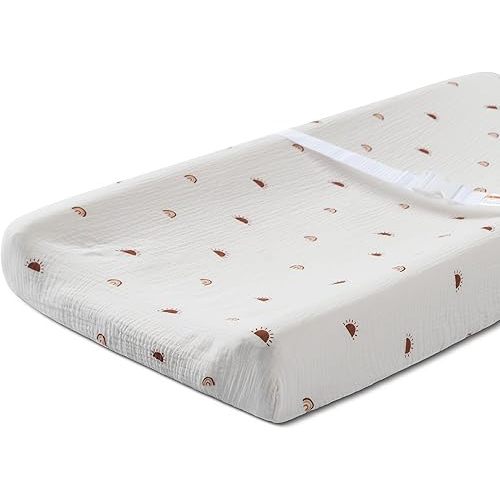 Meracorallo Muslin Changing Pad Cover, 100% Cotton Soft and Comfortable Changing Table Cover for Baby Boys and Girls, Sun Rainbow