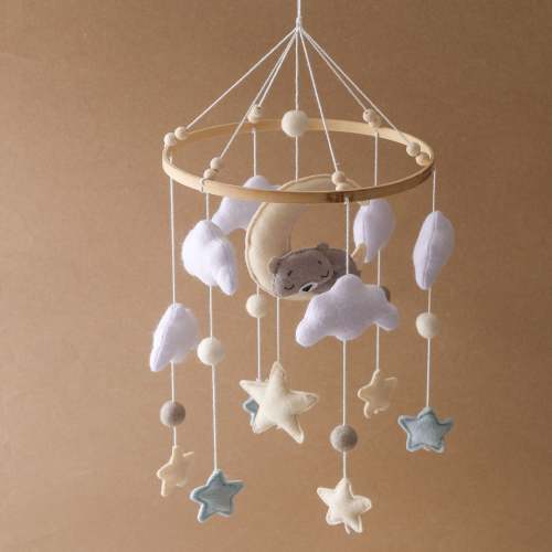 Handmade Baby Mobile with Sleeping Bear, Clouds & Stars | Neutral Felt Nursery Decoration for Crib