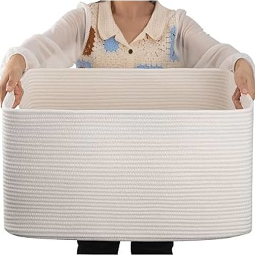 OIAHOMY 70L Large Cotton Rope Basket 22”x17”x12”, Woven Nursery Laundry Blanket Basket,Storage Basket with Handle,White