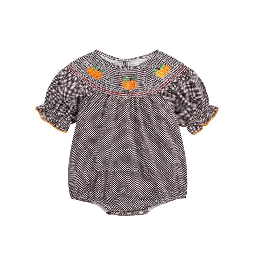 Ayalinggo Newborn Baby Girl Smocked Pumpkin Outfit Infant Plaid Bubble Romper Embroidery Halloween Thanksgiving Fall Clothes