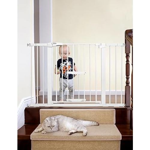 BABELIO 29.5-48" Extra Wide Baby Gate with Cat Door,Auto Close Dog Gate for Stairs & Doorways,Metal Cat Gate,Pressure/Hardware Mounted Pet Gate,Easy Walk Thru,White