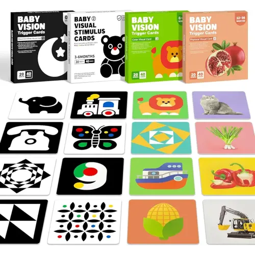 4 Sets High Contrast Baby Cards, 80 Pcs 160 Page Black White Colorful Baby Flashcards Newborn Toys for Infants Visual Stimulation Brain Sensory Development(0-36 Months)