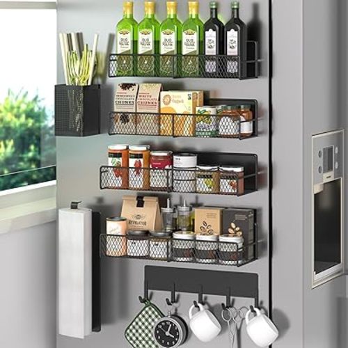 Magnetic Spice Rack for Refrigerator, 7 Pack Metal Magnetic Shelf Black, Moveable Spice Organizer with Hook Rack, Paper Towel Holder, Kitchenware Holder, Strong Magnetic Storage Fridge Organizer