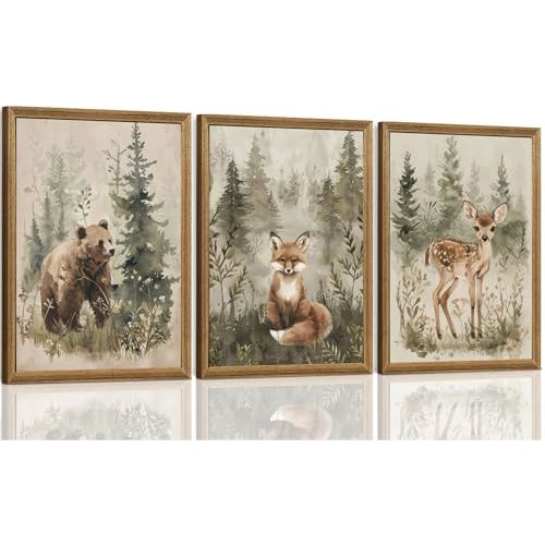 ICHZUMW Woodland Nursery Decor Wall Art Set of 3, Cute Forest Animals Canvas Prints Bear Fox Deer Pictures, Nature Watercolor Paintings for Baby Room Kids Bedroom Playroom, Neutral Artwork, 12x16in