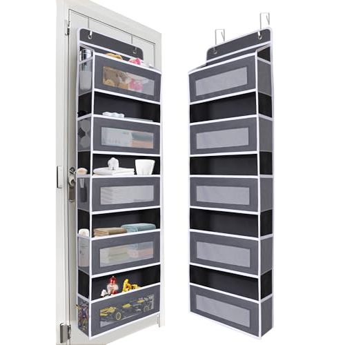TIDY SAVANT Over The Door Organizer 44LB Capacity with 5 Large Pockets & 10 Mesh Side Pockets, Clear Window Anti-Tilt Hanging Storage for Nursery, Bathroom, Pantry - Dark Grey, 1 Pack
