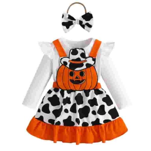 GYRATEDREAM Baby Girl Halloween Outfit Newborn Long Sleeve Romper Skirt Set Toddler Bodysuit Overall Dress Jumpsuits Headband Fall Winter Cute Clothes 3 Pcs Set for 3-6M White