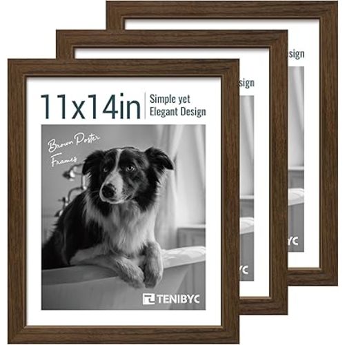 11x14 Picture Frame Set - 3 Pack, Brown Woodgrain, Wood Photo Frame, HD Tempered Glass, Wall Gallery Photo Frame