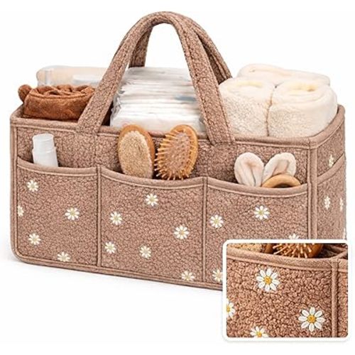 Diaper Caddy Organizer, Stylish Nursery Storage Basket, Gift for Baby Shower, Newborn Essentials, Registry Search Must Haves, Daisy Embroidery Brown