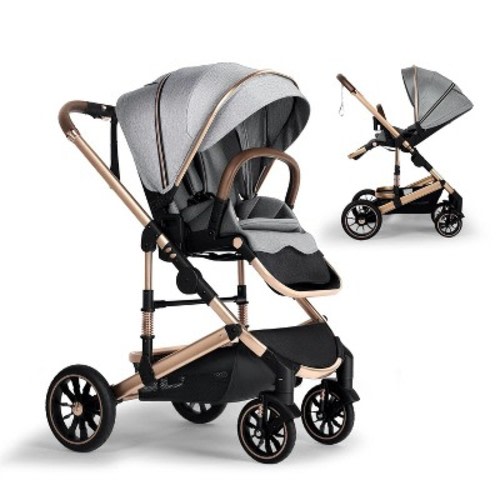 Kinder King Roc 1 Reversible Folding Baby Stroller, High Landscape, Adjustable Canopy, Anti-Shock, 5-Point Harness, Cup Holder, Dark Grey