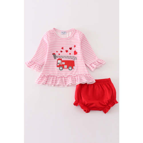 Valentine's day fire truck applique girl bloomer set