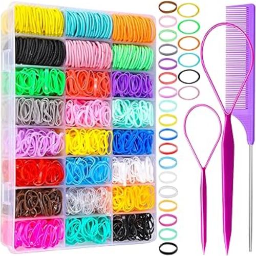 YGDZ Hair Ties, 1500pcs Elastic Hair Bands, 120pcs Baby Hair Ties, Hair Accessories for Girl, Toddler, [multiple colors], With Hair Tail Tools, Rat Tail Comb