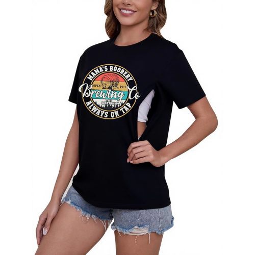 Women's Nursing Shirts for Breastfeeding Zipper Short Sleeves Mama Shirt Causal Maternity Nursing Graphic Tees Tops