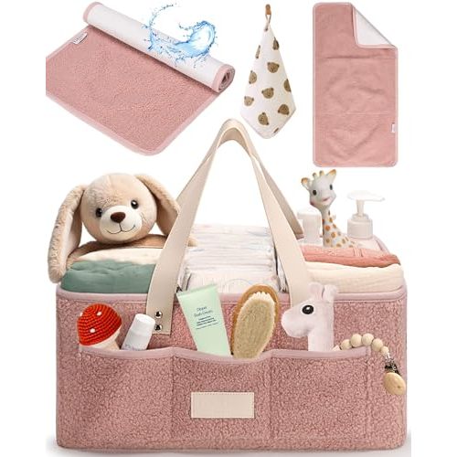 Baby Diaper Caddy Organizer with Portable Changing Mat & Burp Cloth - Teddy Fleece Diaper Organizer for Changing Table - Baby Basket for Diaper Changing Essentials - Baby Caddy Organizer with Dividers