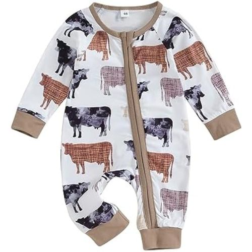 SAYOO Western Baby Cowboy Clothes Neutral Zipped Fall Romper Outfit for Boy Girl Infant Lapel Cow Print One-piece Jumpsuit