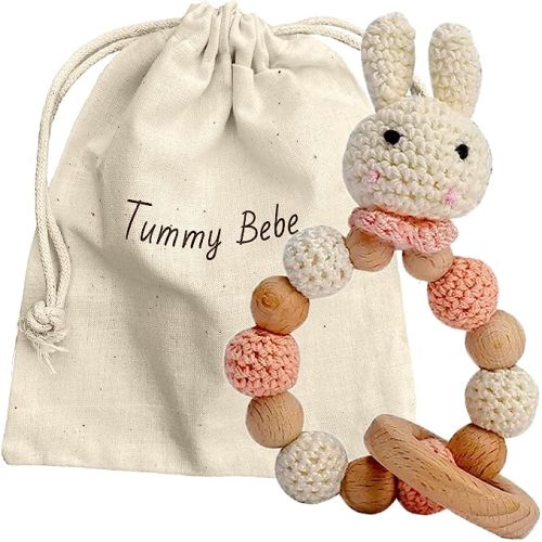 Wooden Crochet Teether Bunny Ring Rattle Handmade Gift for Baby Girl & Boy