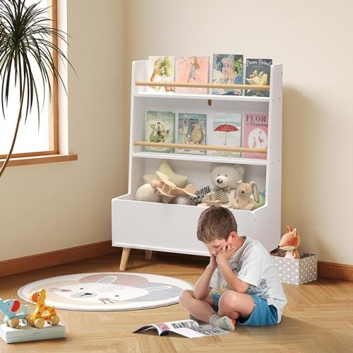 Kids Bookshelf and Toy Storage, Book Shelf for Kids Rooms,3-Tier Baby Storage Display with Legs, 27'' Bookshelf for Kids, Toddler Bookshelf for Reading Area/Kids' Room, White - Art Deco