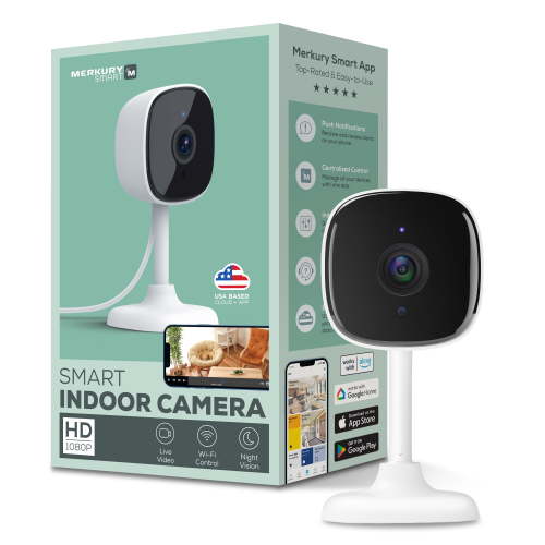 Merkury Smart Indoor Camera 1080p - Wi-Fi Security Cam with Night Vision, White (1-Pack)