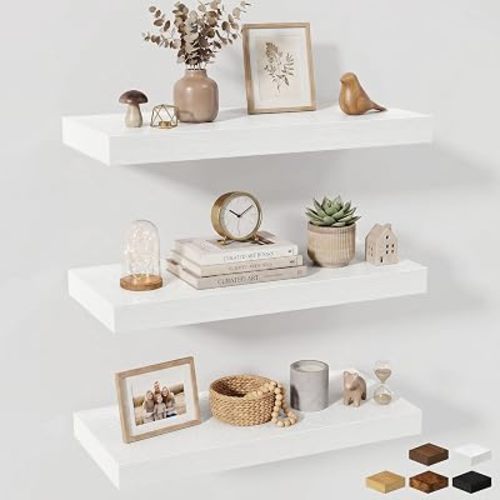Fun Memories 24 x 10 Floating Shelves Wall-Mounted - Rustic Wood Shelf - 10 Inch Deep Floating Shelves for Wall - Large Storage Shelf for Bathroom - Kitchen & Bedroom - White - Set of 3