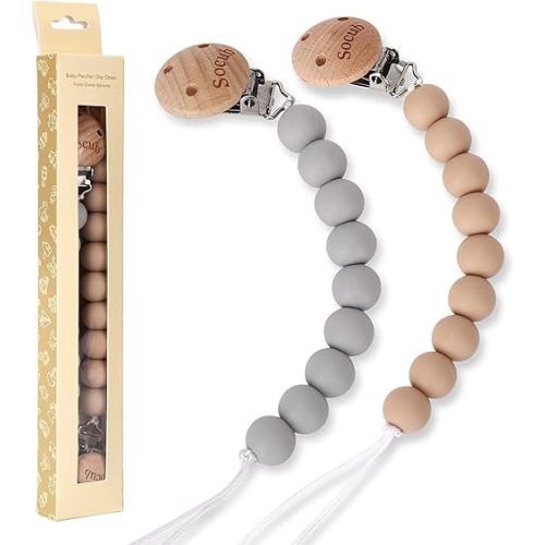 Socub Silicone Baby Pacifier Clip, Pacifier Holder Fit Any Brand Pacifier, BPA Free, Best Newborn Shower Gift for Boy and Girl (Sand, Light Grey)