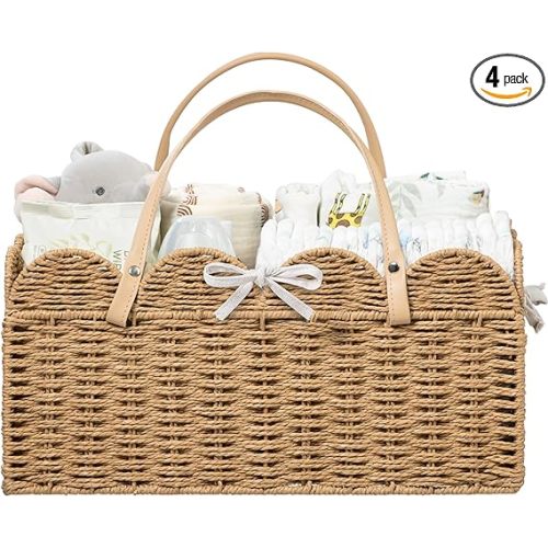HBlife Large Baby Diaper Caddy, Paper Rope Scalloped Storage Baskets Nursery Bin with Removable Divider, Portable Car Organizer for Diapers, Baby Shower Gifts, Newborn Essentials Must Haves, Brown