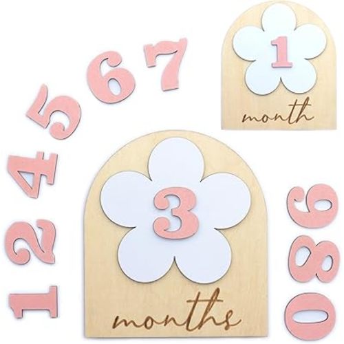Baby Monthly Milestone, Wooden Baby Milestone Signs, Monthly Milestone Wood Discs, Baby Milestone Discs, Baby Photo Props Cards Interchangeable Number Set of 12 for Baby Growth Recording (Baby flower)