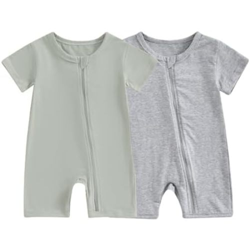 Merqwadd Baby Boy Girl 2 Pack Romper Short Sleeve Zipper Jumpsuit Plain Summer Clothes