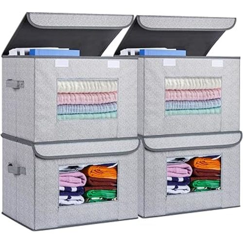 Univivi Fabric Foldable Storage Boxes [4-Pack] Large Collapsible Stackable Storage Bins with Lids, Closet Organizers and Storage Cube Basket for Home, Office, Bedroom (Gray, 17“ x 12” x 12")